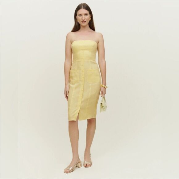 Reformation Prescott Linen Midi Strapless Dress Zest Yellow NWT 12 - Picture 3 of 6